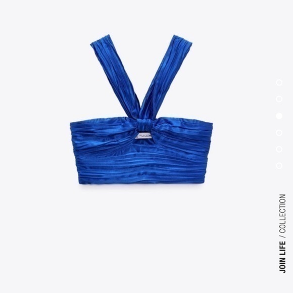 New Zara | Satin Effect Blue Cut Out Draped Crop Top - Picture 8 of 17